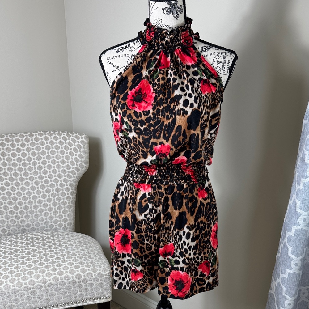 Leopard Print Halter Dress with Red Floral Accents